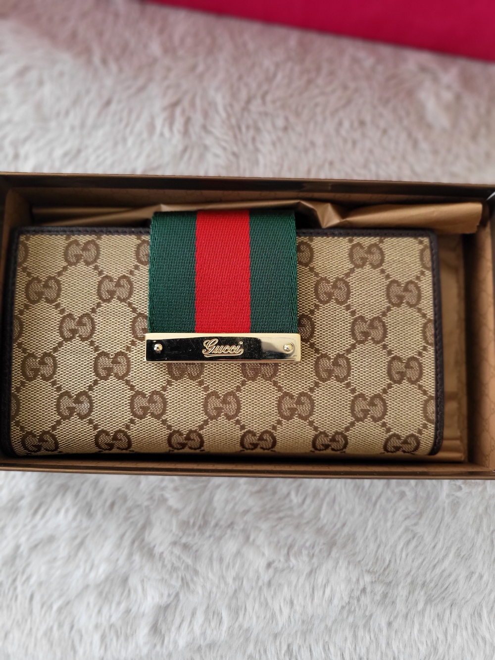 Gucci Beige GG Canvas Wallet with Signature Green-Red Stripe